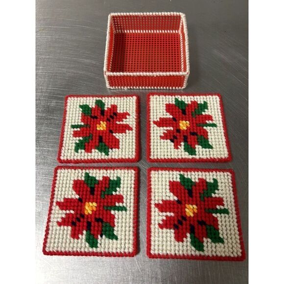 Handmade Plastic Canvas Coaster Set Of 4 Poinsettia Coasters - Picture 1 of 5